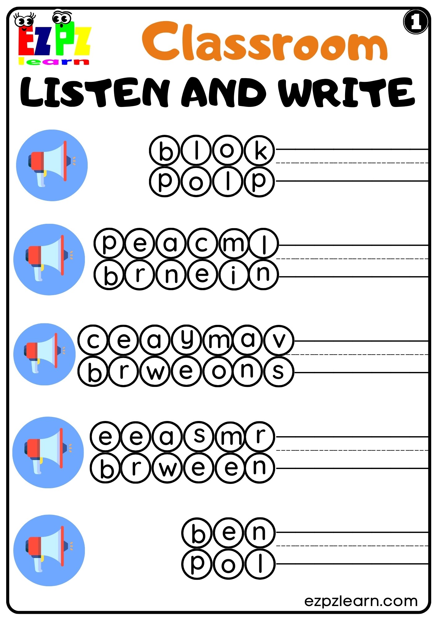 Listen and Write Interactive Worksheet for Classroom Objects group 1